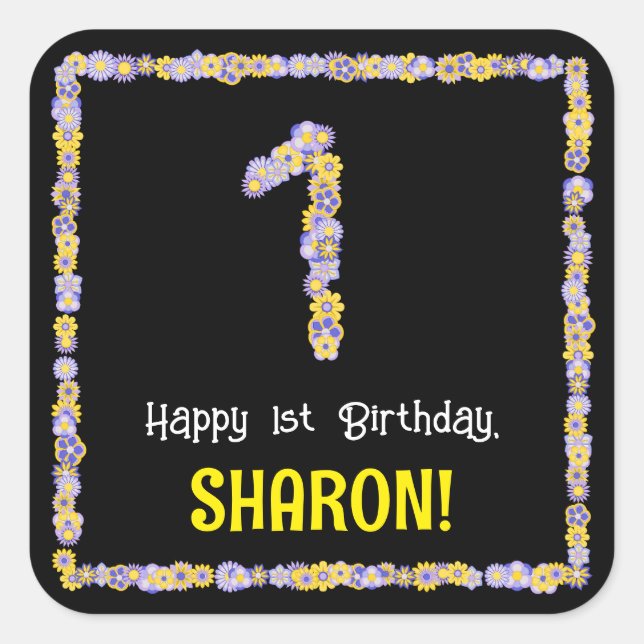 Sticker Carré 1er anniversaire : Floral Flowers Numéro, Nom pers (Devant)
