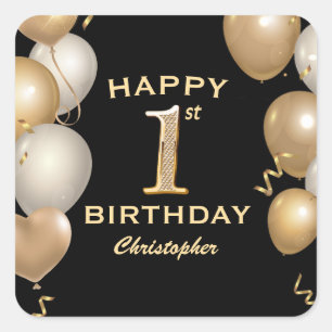 Sticker Carré 1ère fête d'anniversaire Ballons noirs et or