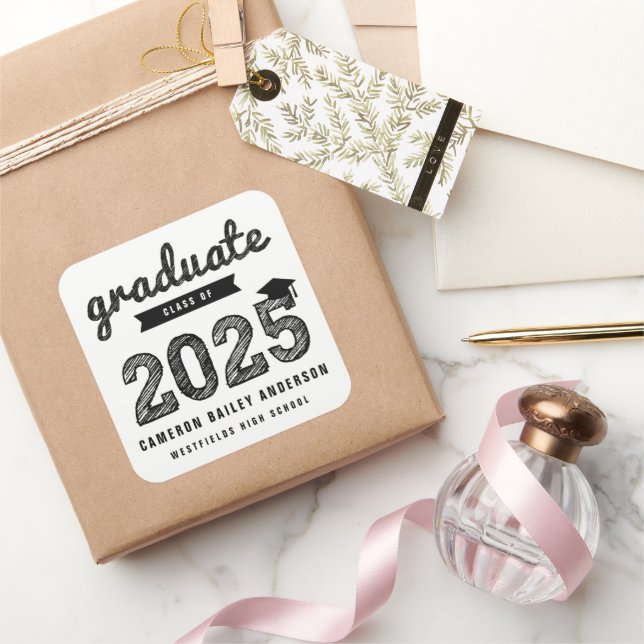 Sticker Carré 2025 Black Bold Sketch Graduate Moderne Graduation (Cadeaux)