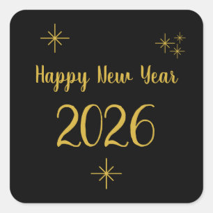 Sticker Carré 2025 Nouvel An Elegant Gold Snowflakes Noir