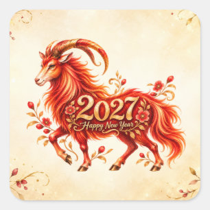 Sticker Carré 2027 Année de la Chèvre de Feu Rouge et Or Chinois