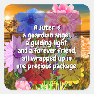 Sticker Carré (20 pcs) Elegant Flowers & Sister Quote   Spécial
