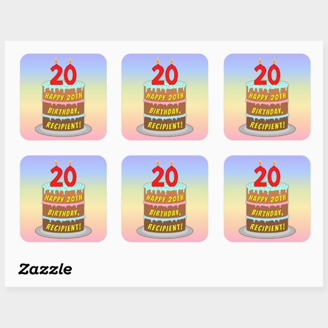Sticker Carré 20e anniversaire : Fun Cake and Candles + Nom pers (Feuille)