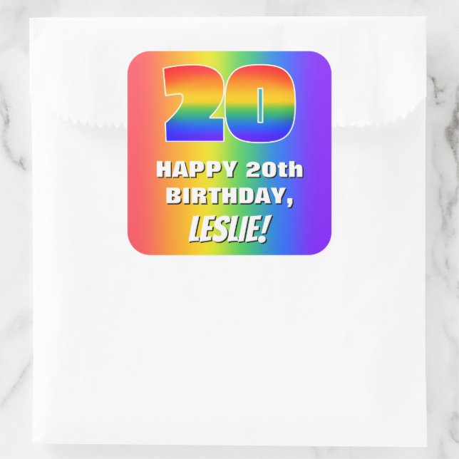 Sticker Carré 20th Birthday: Colorful, Fun Rainbow Pattern # 20 (Sac)