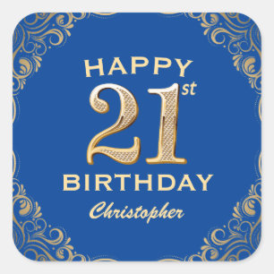 Sticker Carré 21e anniversaire Parties scintillant bleue et or c