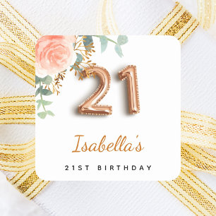 Sticker Carré 21e anniversaire rose or eucalyptus monogramme