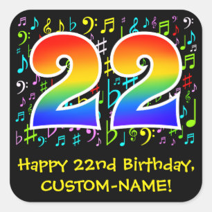 Sticker Carré 22e anniversaire : Symboles de musique colorée, Ar