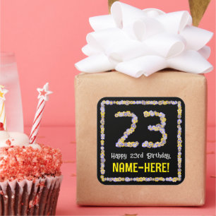 Sticker Carré 23e anniversaire : Floral Flowers Numéro, Nom pers