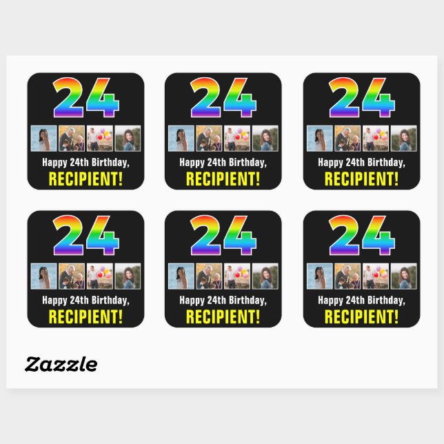 Sticker Carré 24e anniversaire : Arc-en-ciel "24"; Photos person (Feuille)