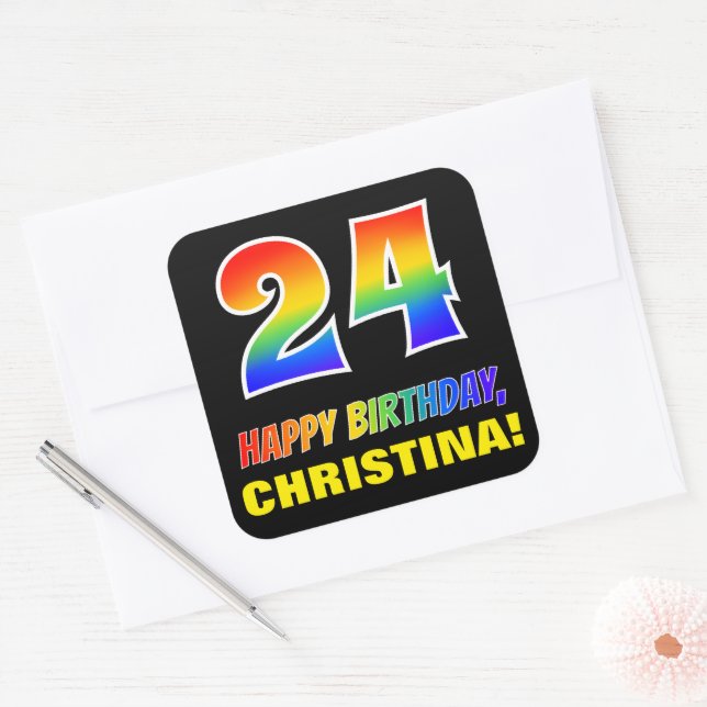 Sticker Carré 24e anniversaire : Bold, amusant, simple, arc-en-c (Enveloppe)