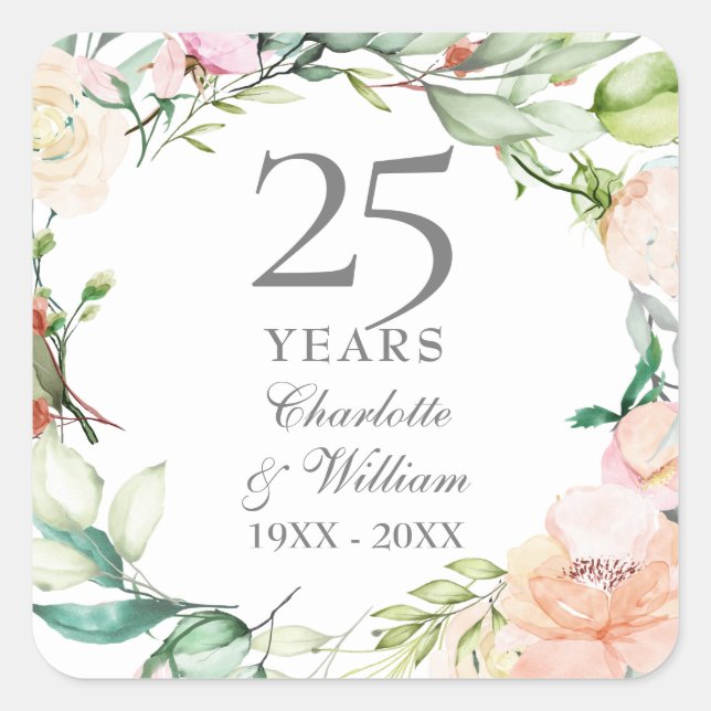 Sticker Carré 25e anniversaire du Mariage Rose Floral Garland (Devant)