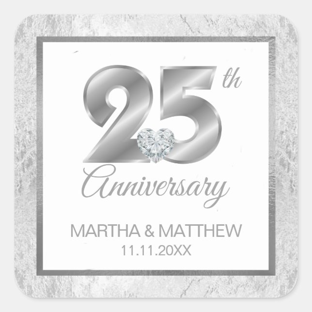 Sticker Carré 25e anniversaire Mariage d'argent personnalisé (Devant)