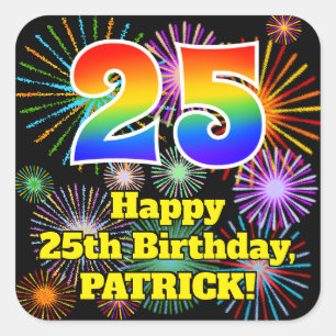 Sticker Carré 25e Birthday: Fun Fireworks Look, Rainbow # 25