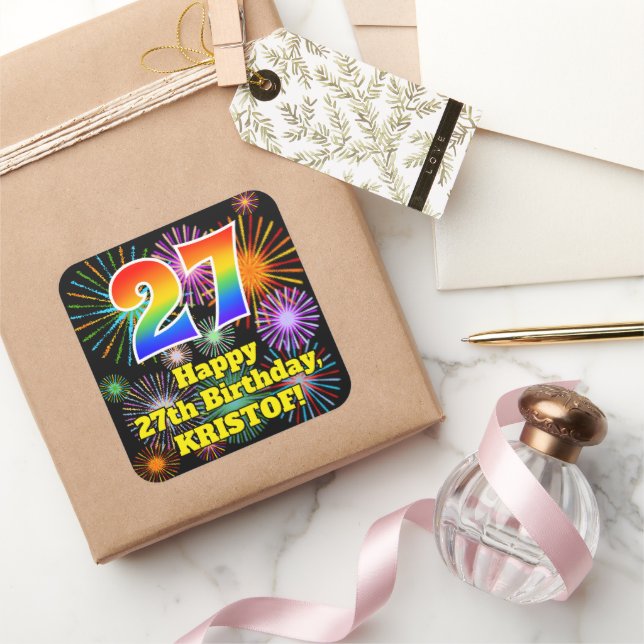 Sticker Carré 27e anniversaire : Fun Fireworks Look, Arc en ciel (Cadeaux)