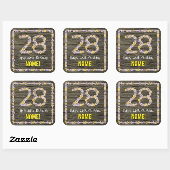 Sticker Carré 28e anniversaire : numéro floral, Faux Wood Look,  (Feuille)