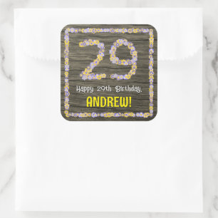 Sticker Carré 29e anniversaire : numéro floral, Faux Wood Look,