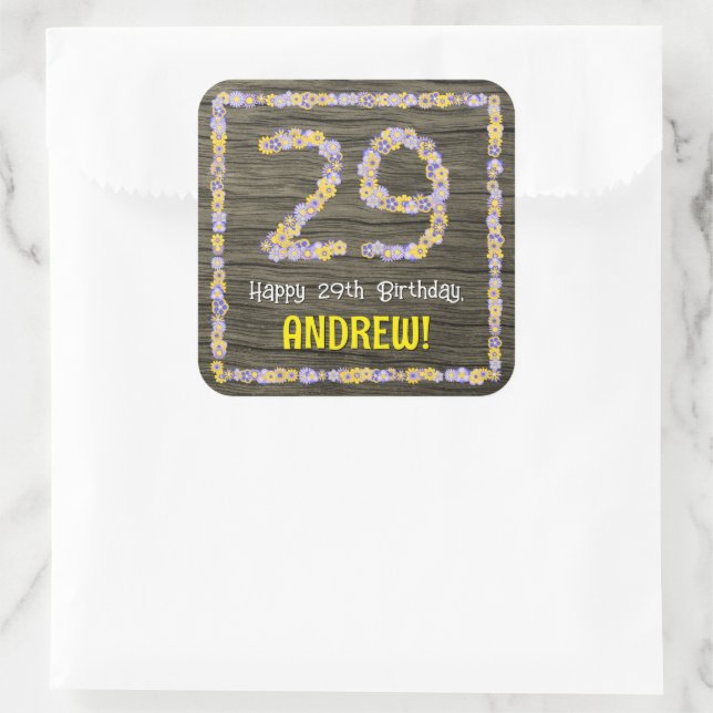 Sticker Carré 29e anniversaire : numéro floral, Faux Wood Look,  (Sac)