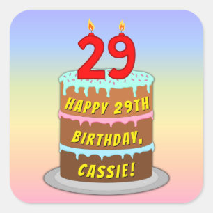 Sticker Carré 29th Birthday : Fun Cake and Candles + Custom Name