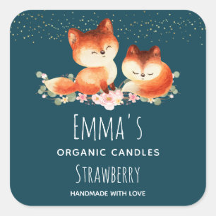 Sticker Carré 2 mignons Petits Renards Rouges Aquarelle Design