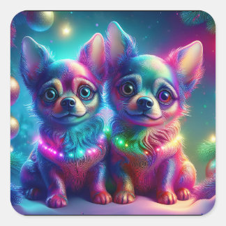 Sticker Carré 2 Young Chihuahua Pups In Colorful Christmas Scene