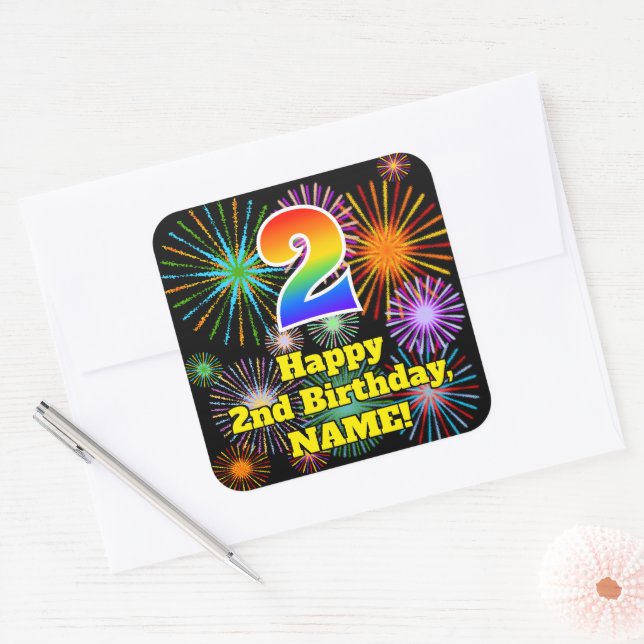 Sticker Carré 2e anniversaire : Fun Fireworks Look, Arc-en-ciel  (Enveloppe)