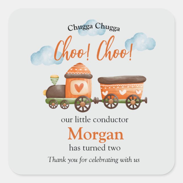 Sticker Carré 2ème anniversaire Lovely Train Watercolor Party (Devant)