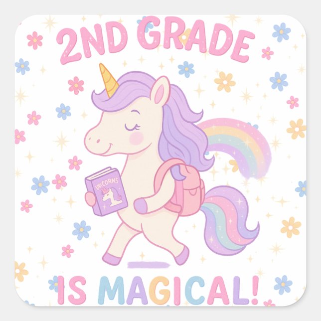 Sticker Carré 2nd Grade is Magical Unicorn Back School Teacher (Devant)