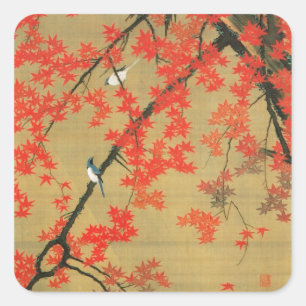 Sticker Carré 30. 紅 葉 小 禽 図, 冲 Érable et petits oiseaux, Jakuchu