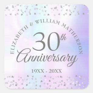 Sticker Carré 30e Anniversaire Coeurs Confetti Pearl