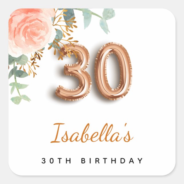 Sticker Carré 30e anniversaire floral rose or eucalyptus monogra (Devant)
