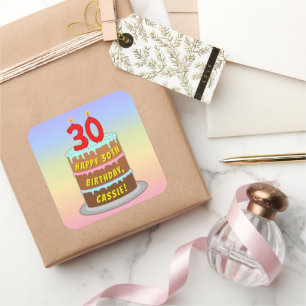 Sticker Carré 30e anniversaire : Fun Cake and Candles + Nom pers
