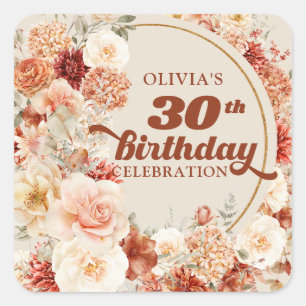 Sticker Carré 30e anniversaire tendance floral bordeaux brun en