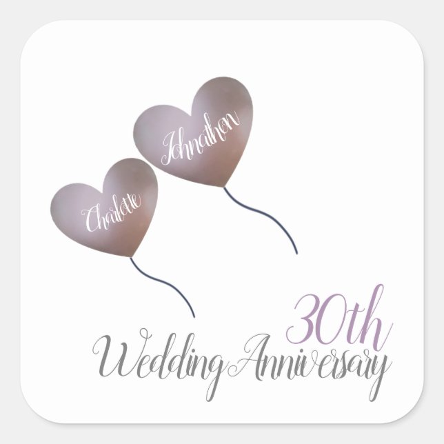 Sticker Carré 30ème ballons coeurs pour anniversaire de mariage  (Devant)