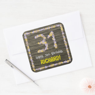 Sticker Carré 31e anniversaire : Numéro floral, Faux Wood Look, 