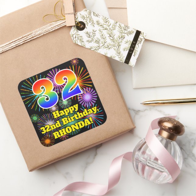 Sticker Carré 32e anniversaire: Fun Fireworks Look, Rainbow # 32 (Cadeaux)