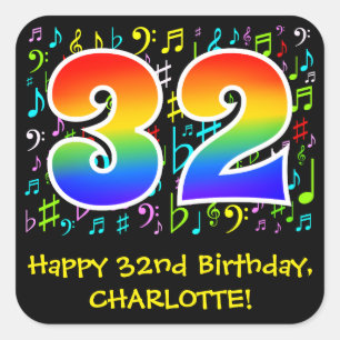 Sticker Carré 32e anniversaire : Symboles de musique colorée, A
