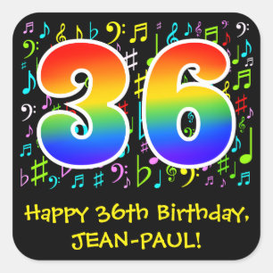 Sticker Carré 36e anniversaire : Symboles de musique colorée, Ar
