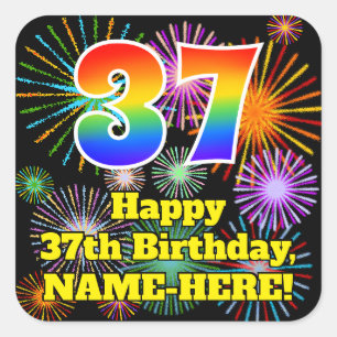 Sticker Carré 37e anniversaire : Fun Fireworks Look, Arc-en-ciel