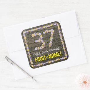 Sticker Carré 37e anniversaire : numéro floral, Faux Wood Look, 
