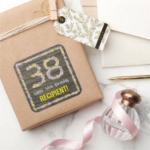 Sticker Carré 38e anniversaire : Floral Number, Faux Wood Look,