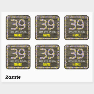 Sticker Carré 39e anniversaire : numéro floral, Faux Wood Look,