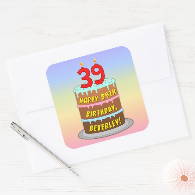 Sticker Carré 39th Birthday: Fun Cake and Candles + Custom Name (Enveloppe)