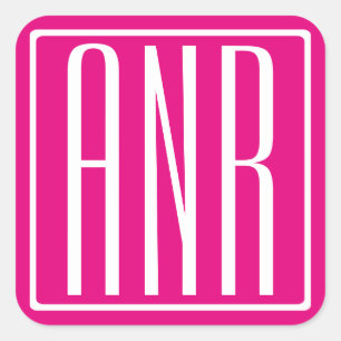 Sticker Carré 3 Initiales Monogramme   Blanc sur rose chaud