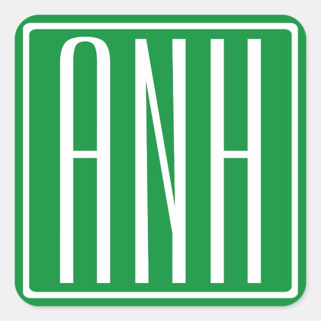 Sticker Carré 3 Initiales Monogramme | Vert et blanc (Devant)