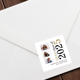 Sticker Carré 3 photo moderne Black Gold Texte 2023 Graduation