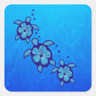 Sticker Carré 3 Tortues Honu Bleues