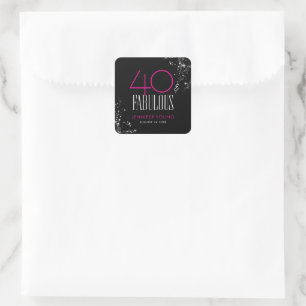 Sticker Carré 40 ans et Fabuleux Anniversaire Rose Noir Paillett