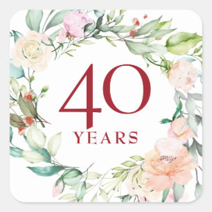 Sticker Carré 40 ans Rose Garland Ruby Mariage Anniversaire