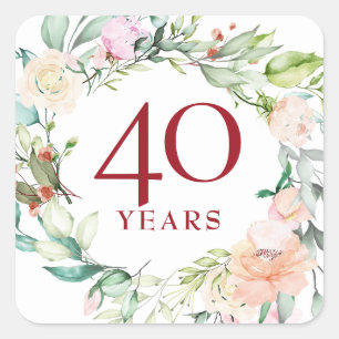 Sticker Carré 40 Ans Roses Guirlande Rubis Noces Anniversaire de
