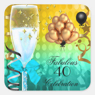Sticker Carré 40 & Fabuleux Champagne d'Anniversaire d'or bleu T